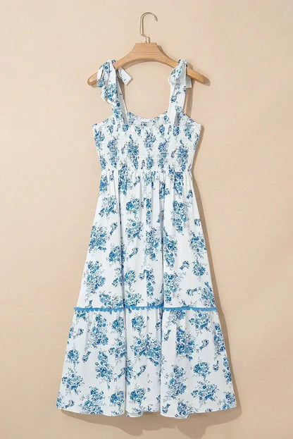 Sky Blue Floral Print Smocked Knot Shoulder Sleeveless Midi Dress