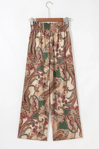 Khaki Paisley Print Boho Elastic Waist Wide Leg Pants