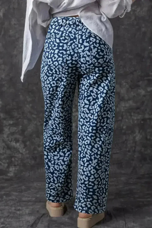 Blue Leopard Print Drawstring Waist Pocketed Wide Leg Jeans