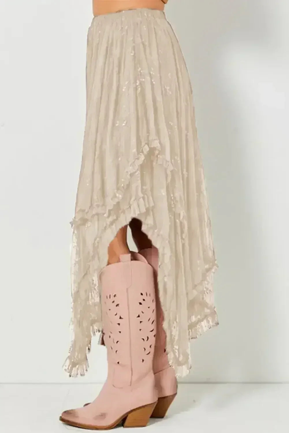 Beige Lace Cascading Tiered High Waist Maxi Skirt