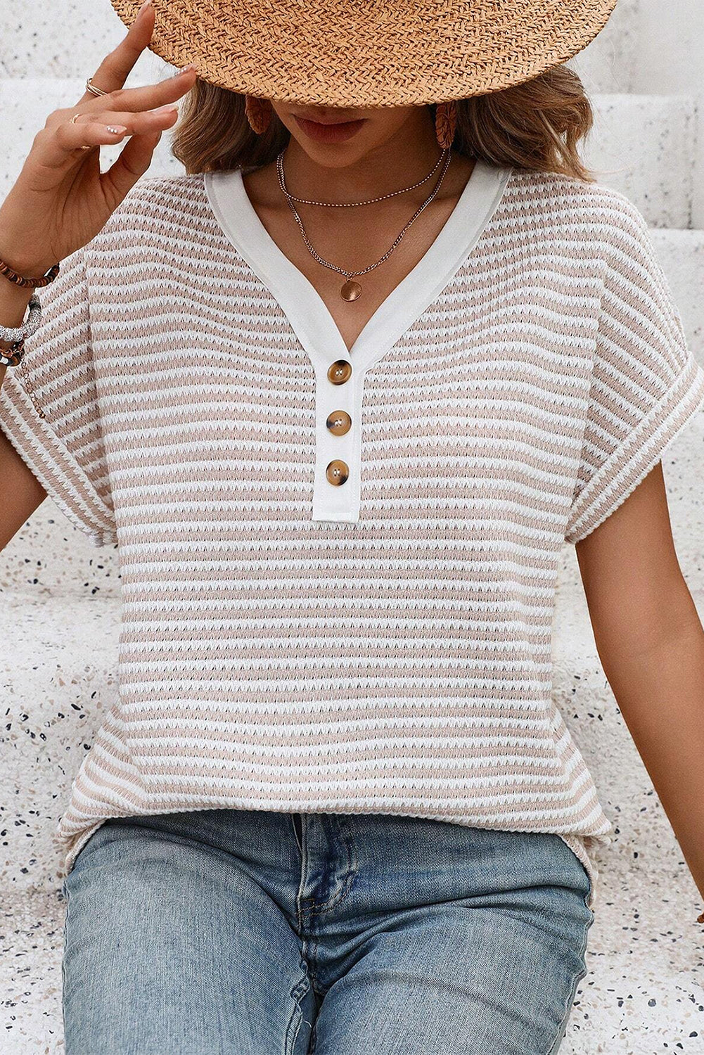 Khaki Striped Knitted Top with Button Front and V Neck for Women's Blouse