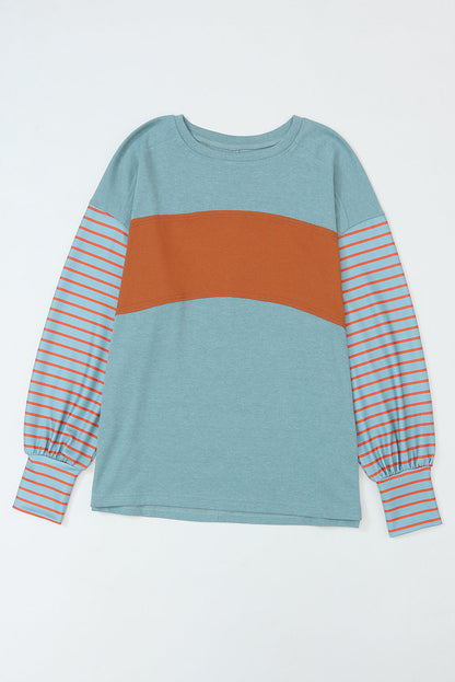 Green Color block Striped Women's Top with Bishop Sleeves and Side Slits