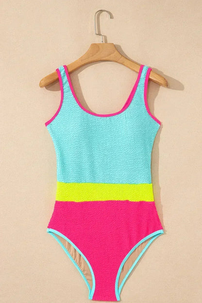 Rose Red Textured Colorblock One Piece Swimsuit