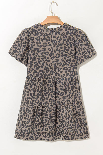 Brown Leopard Print Short Sleeve Flared Denim Mini Dress