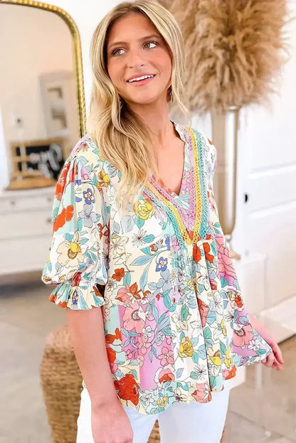 Pink Boho Flower Print Frill Neck Puff Sleeve Blouse | Femstylo