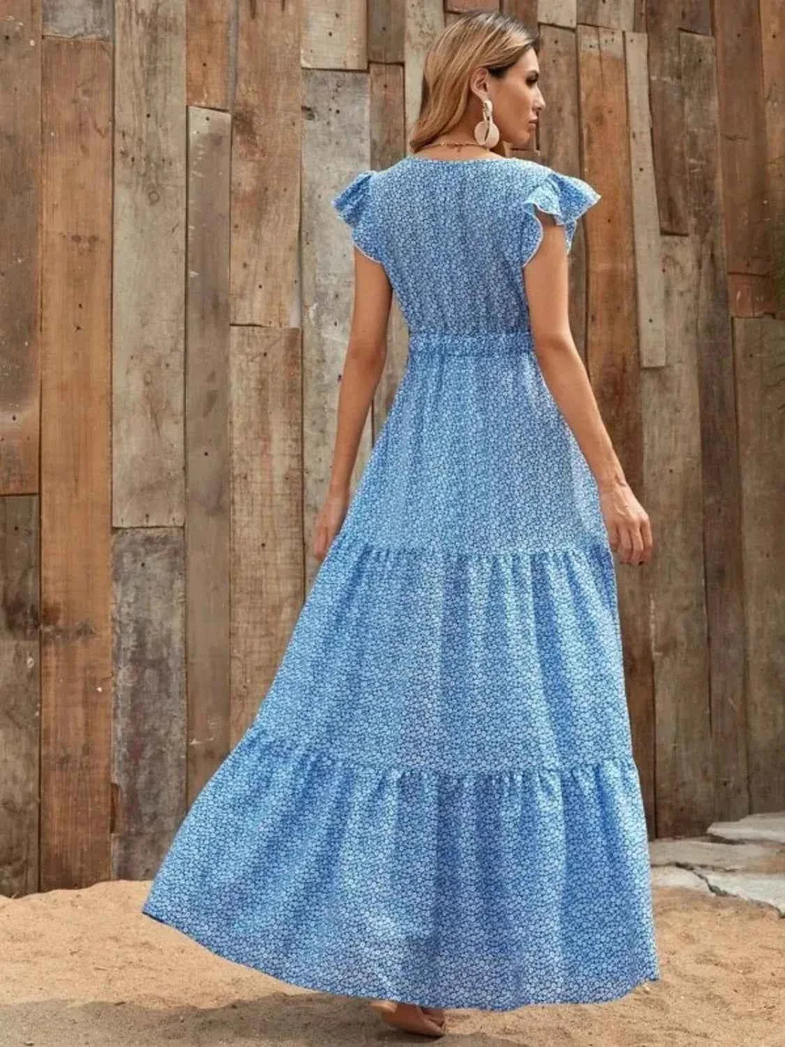 Printed V-Neck Maxi Dress with Ruffle Sleeves