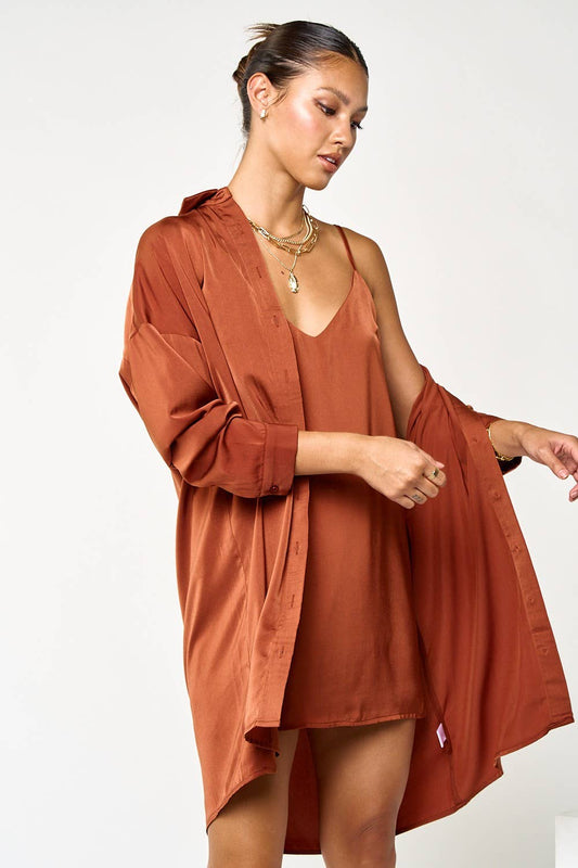 Satin Slip-On Dress and Shirt Set in Cognac [Sizes SM-L]
