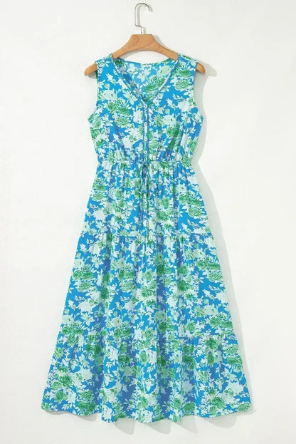 Green Floral Print Trimmed V Neck Sleeveless Vacation Dress