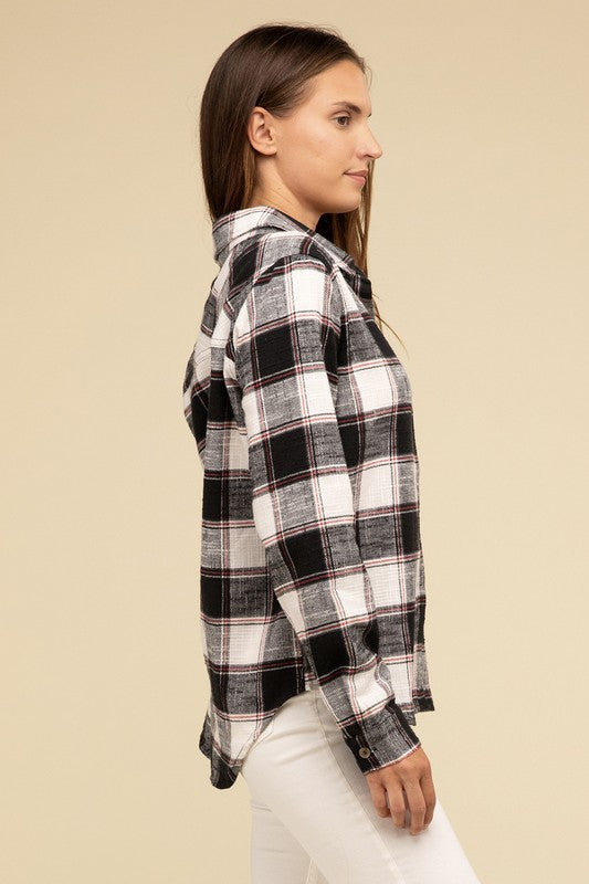 ZENANA Cotton Plaid Shacket With Front Pocket