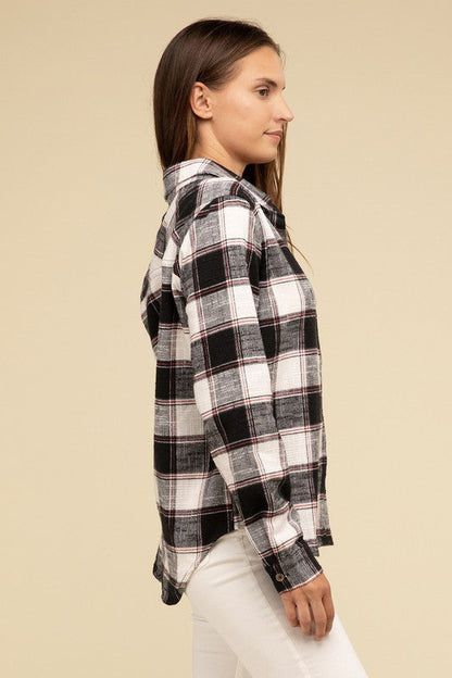ZENANA Cotton Plaid Shacket With Front Pocket