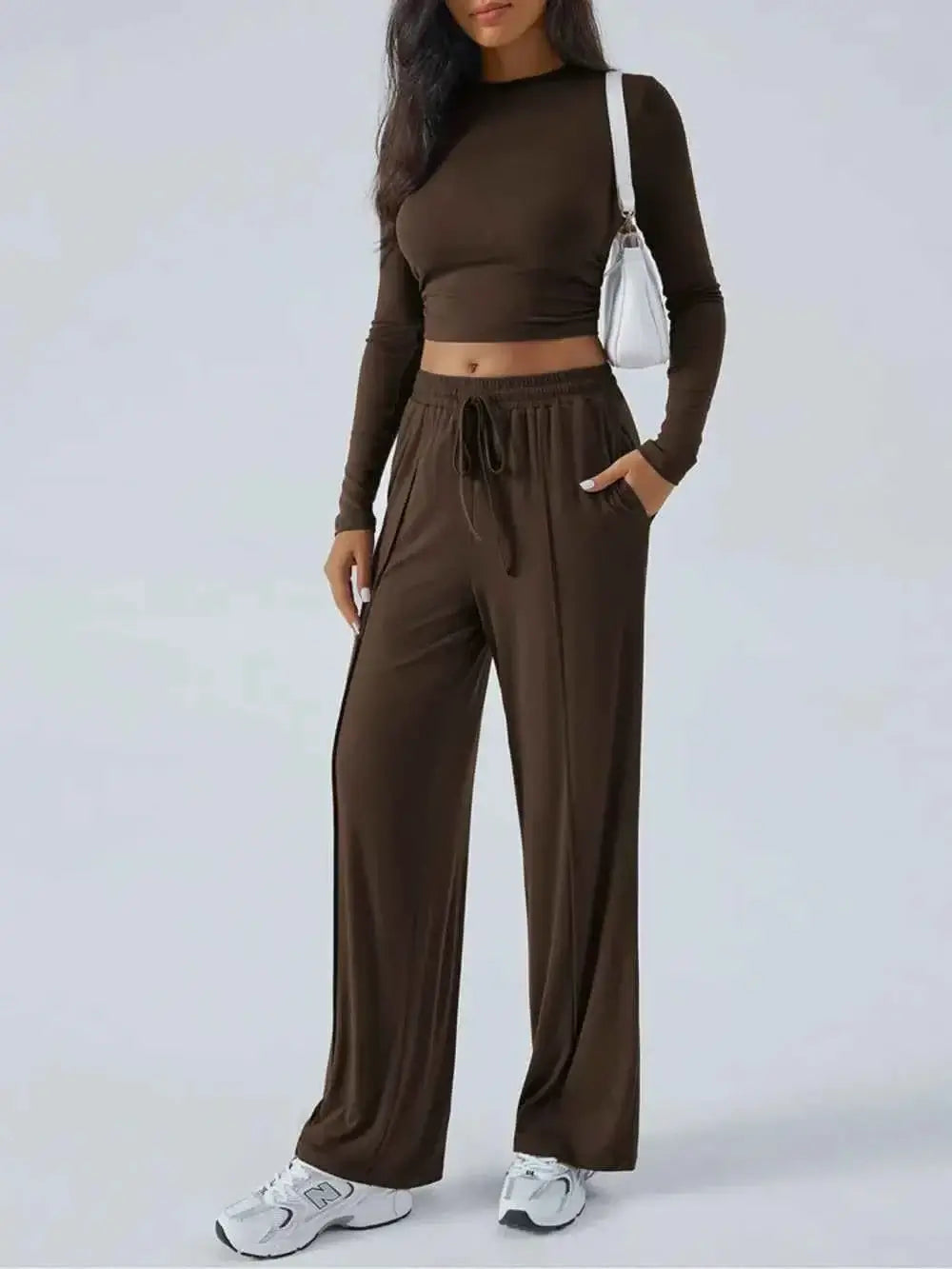 Round Neck Long Sleeve Crop Top and Pants Set