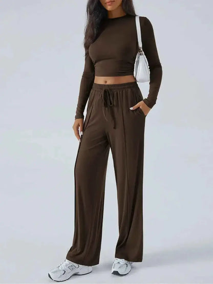 Round Neck Long Sleeve Crop Top and Pants Set