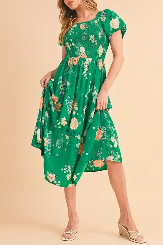Green Floral Print Bubble Sleeve Smocked Tiered Midi Dress