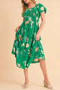 Green Floral Print Bubble Sleeve Smocked Tiered Midi Dress