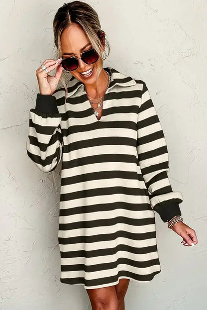 Pink Stripe Pocketed Collared V Neck Loose Fit Mini Dress