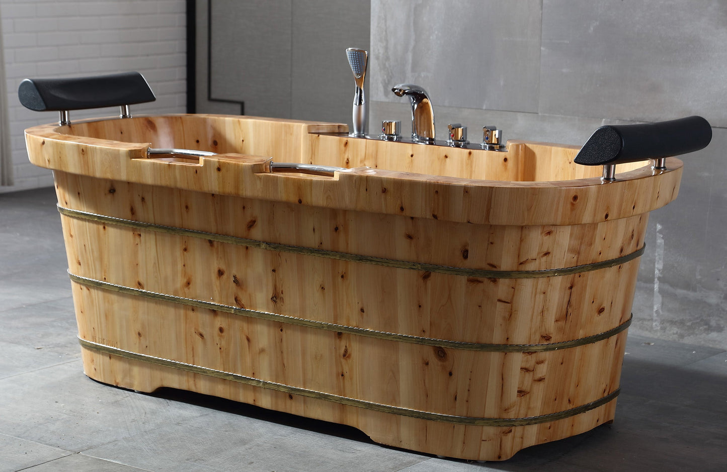ALFI brand  AB1130 65" 2 Person Free Standing Cedar Wooden Bathtub with Fixtures & Headrests