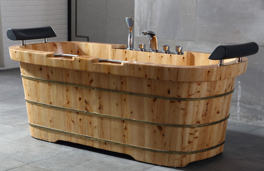 ALFI brand  AB1130 65" 2 Person Free Standing Cedar Wooden Bathtub with Fixtures & Headrests