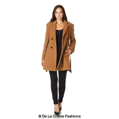 De La Creme - Womens Camel Textured Short Belted Coat