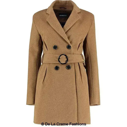 De La Creme - Womens Camel Textured Short Belted Coat