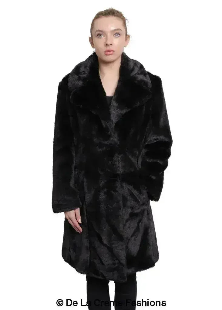 De La Creme - Womens Faux Fur Large Lapel Mid Length Coat