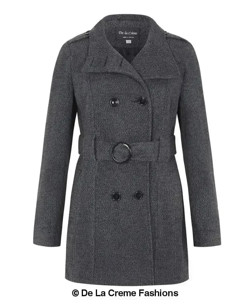 De La Creme - Womens Military Style Wool Belted Coat
