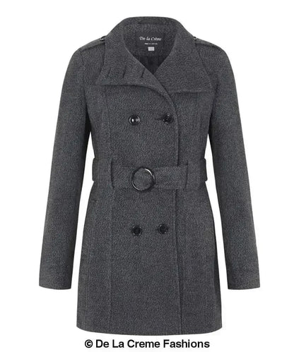 De La Creme - Womens Military Style Wool Belted Coat