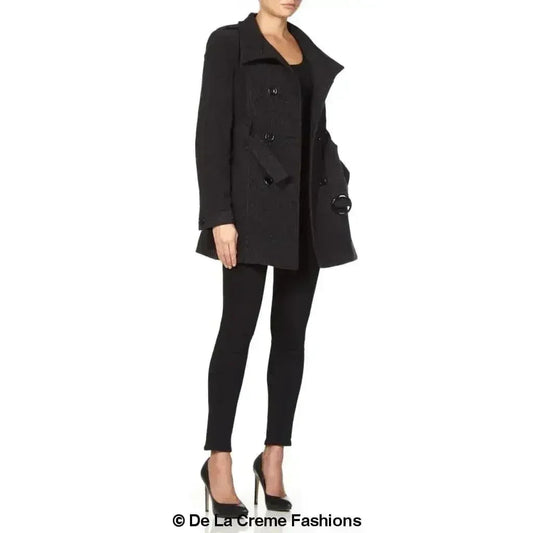 De La Creme - Womens Military Style Wool Belted Coat