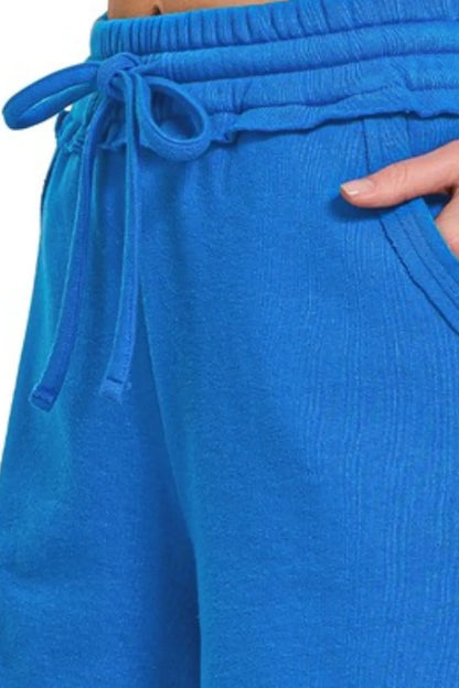 Zenana Fleece Raw Hem Shorts With Draw String in Blue