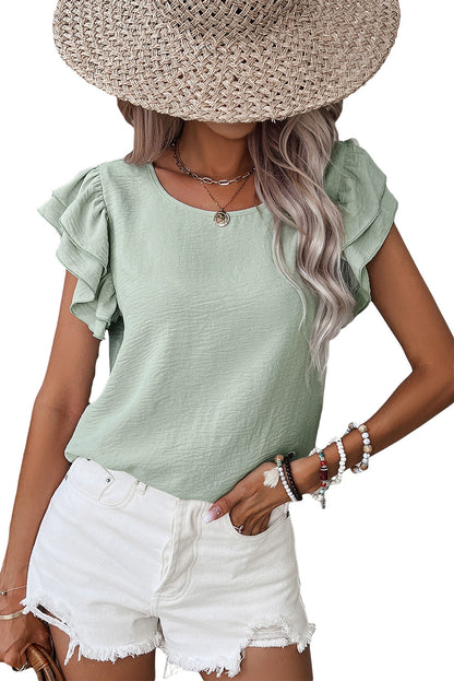 Aqua Ruffle Sleeve Blouse - Clearly Aqua Solid Color Crinkled Top