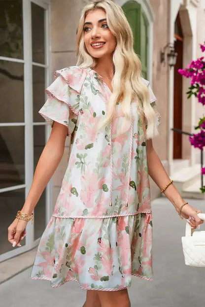 Sky Blue Floral Contrast Edge Ruffle Sleeve Tie Neck Mini Dress