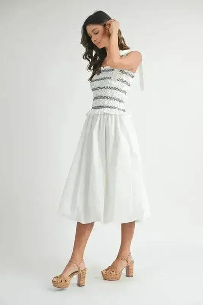 MABLE Smocked Bodice Bubble Midi Dress