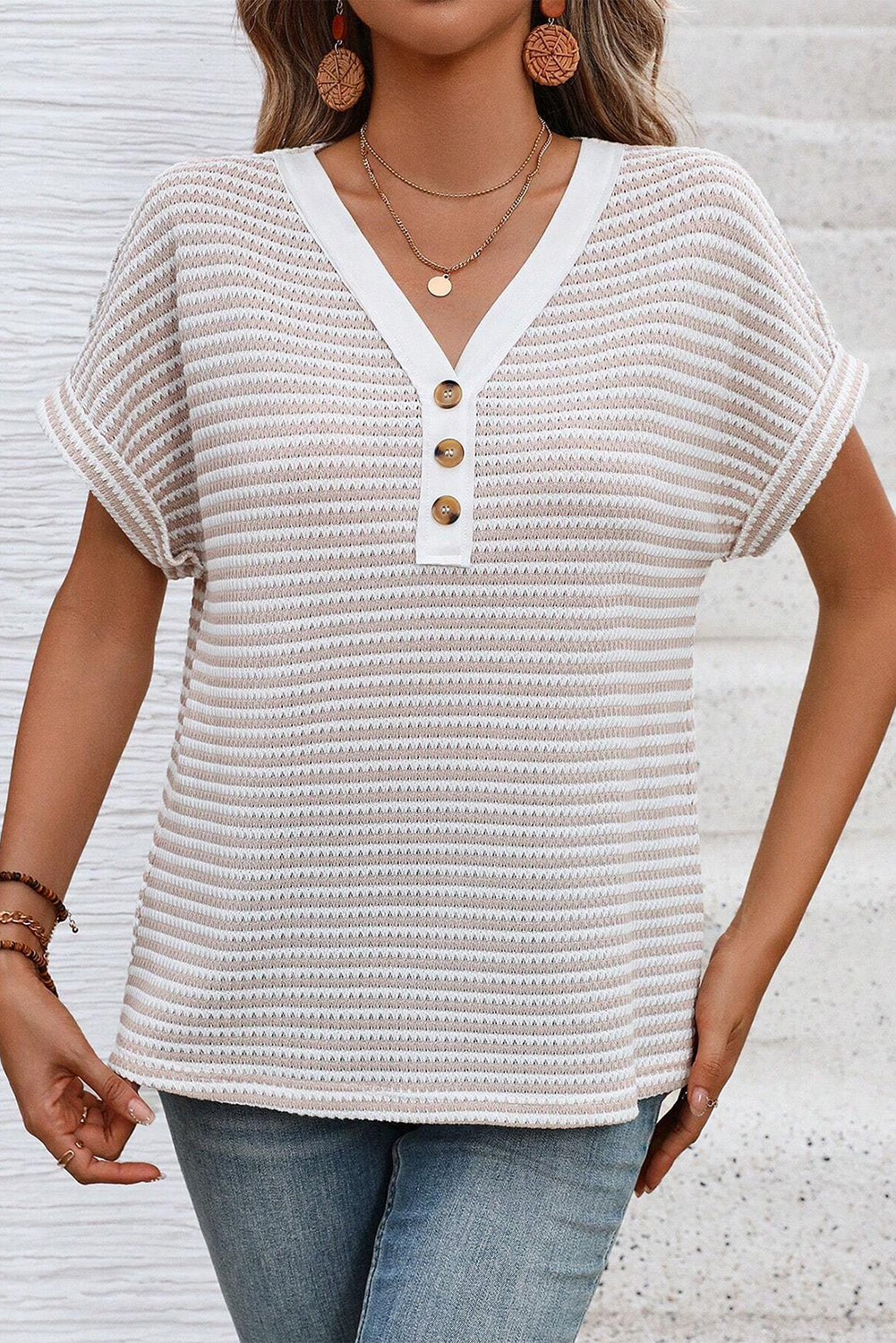 Khaki Striped Knitted Top with Button Front and V Neck for Women's Blouse