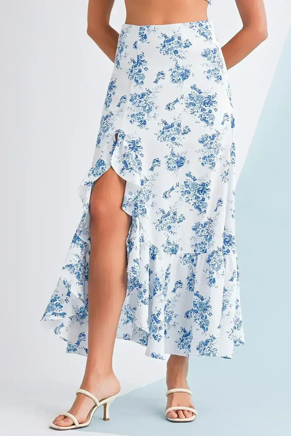 Sky Blue Boho Floral High Waist Ruffle Split Maxi Skirt