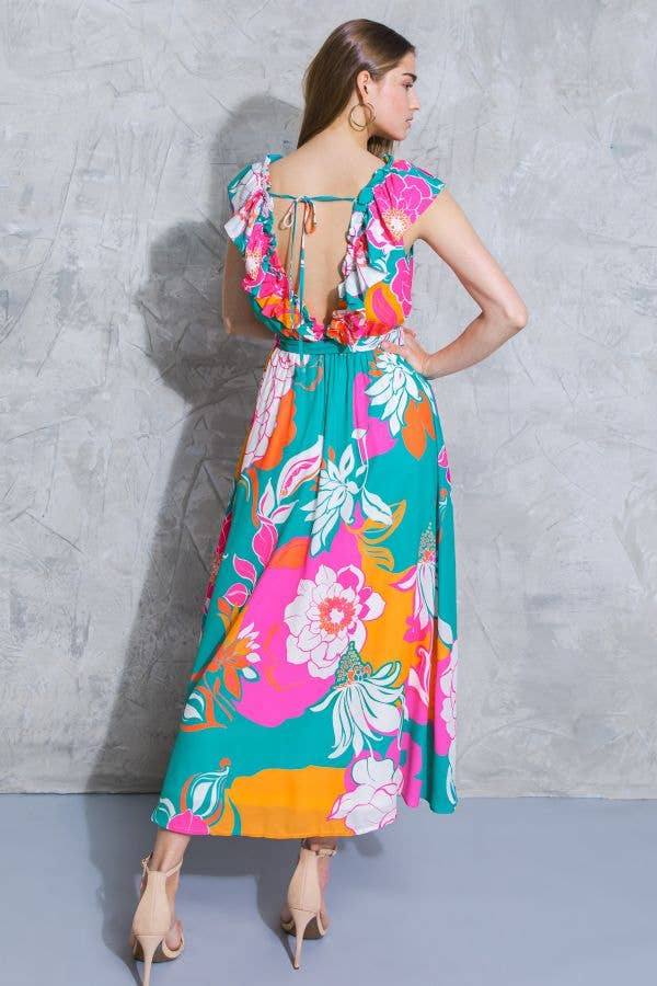 [Sizes SM-L] Floral Printed Woven Midi Dress in Teal Orange | Ruffled