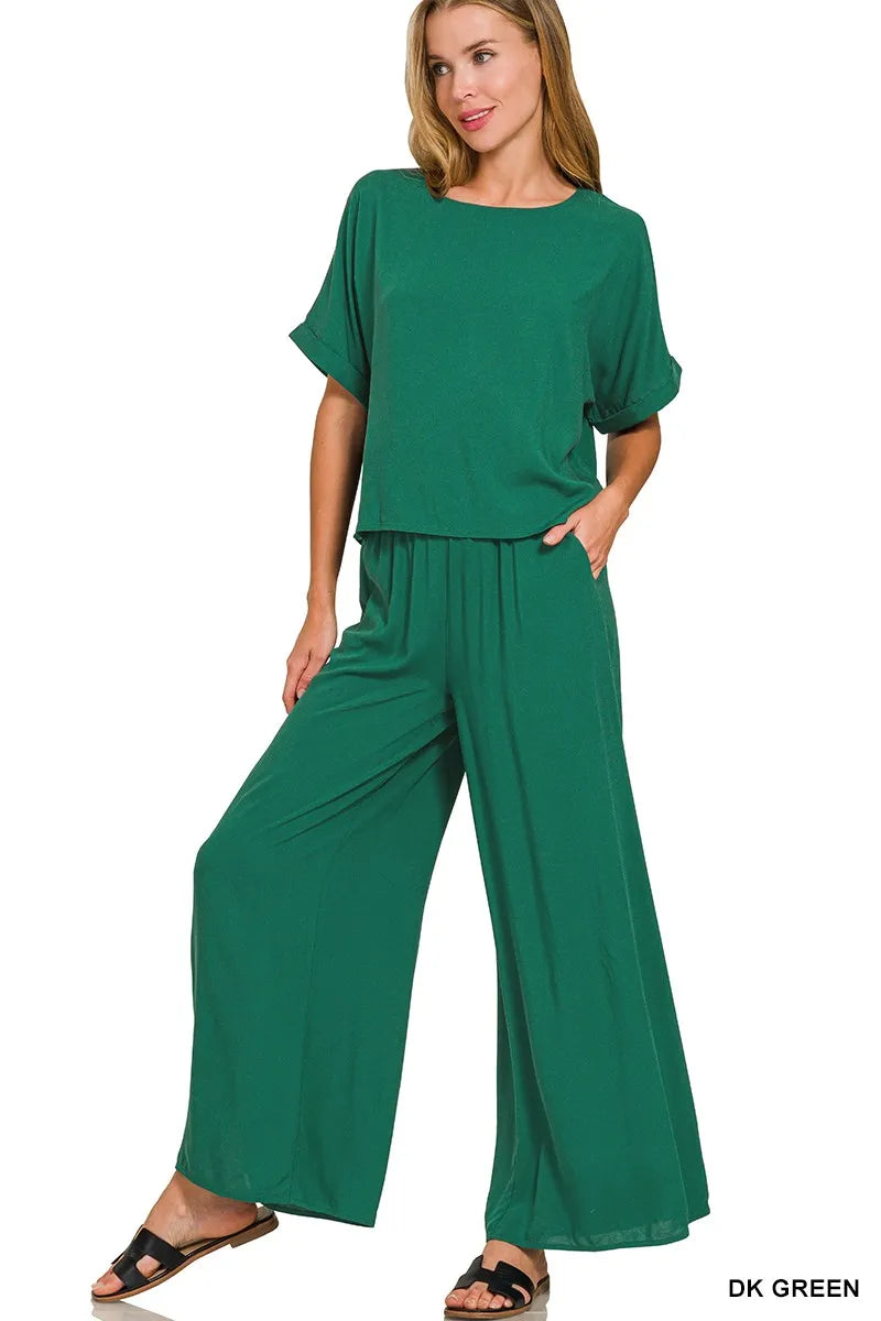Zenana Round Neck T-Shirt and Wide Leg Pants Set in Green