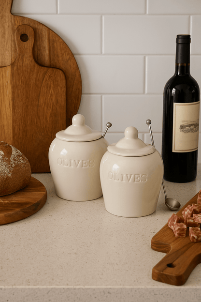 Debossed Stoneware Olive Jars with Slotted Spoon – Set of 2