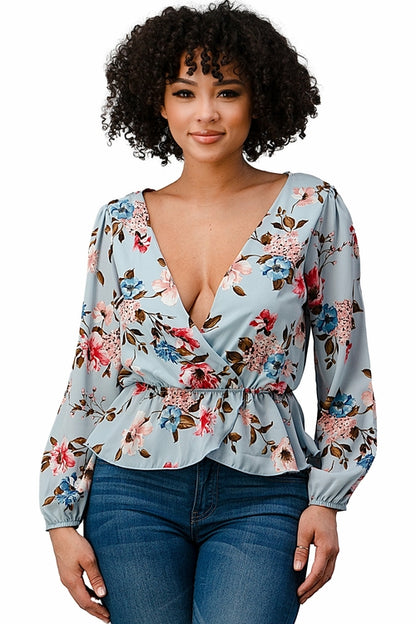 Printed Surplice Peplum Hem Blouse Top | Apparel | Kitchen + Metal