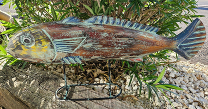 Decorative Wooden Multicolor Fish Sculpture on Stand – 31" x 14"