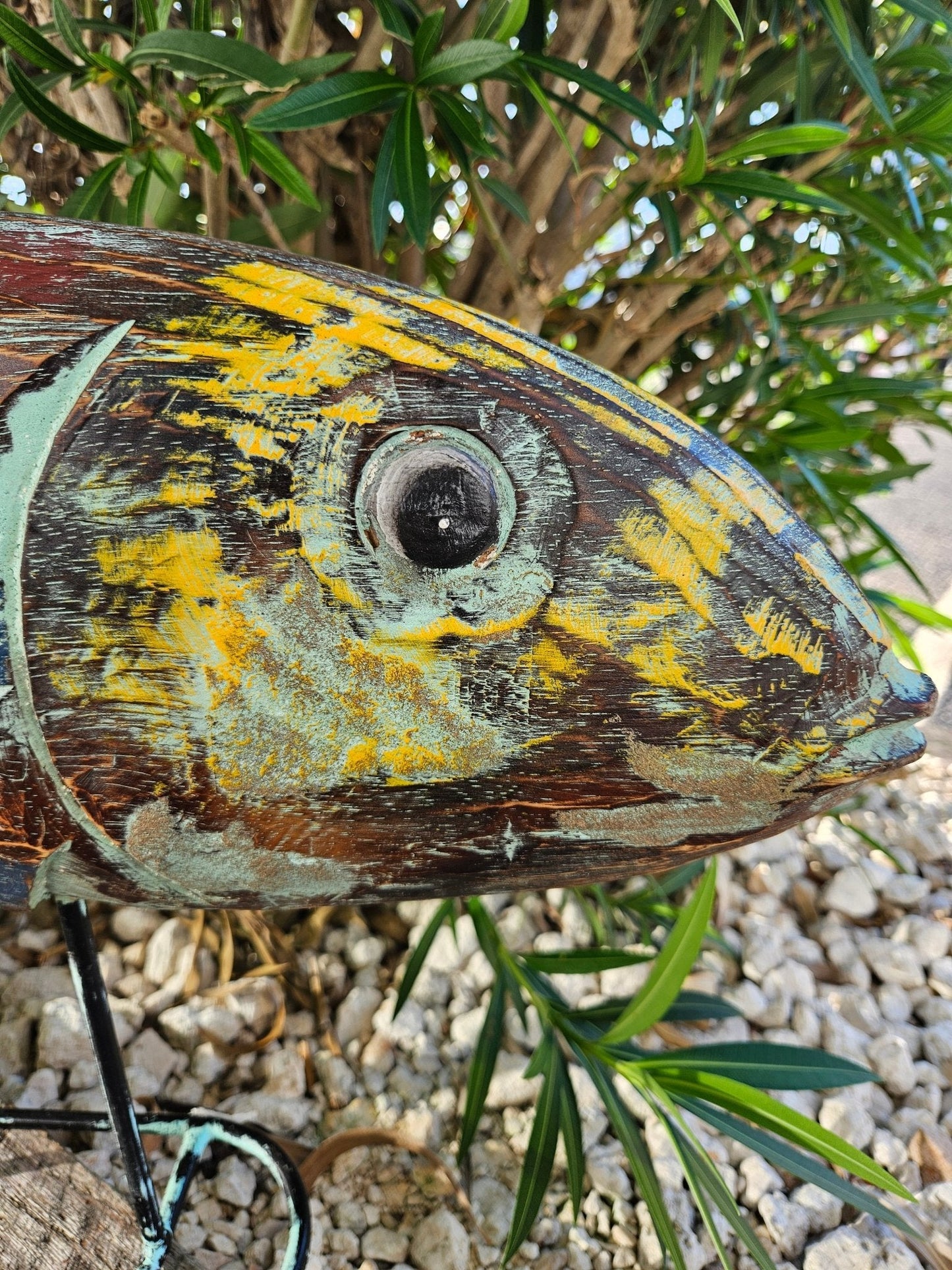 Decorative Wooden Multicolor Fish Sculpture on Stand – 31" x 14"