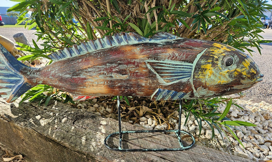 Decorative Wooden Multicolor Fish Sculpture on Stand – 31" x 14"