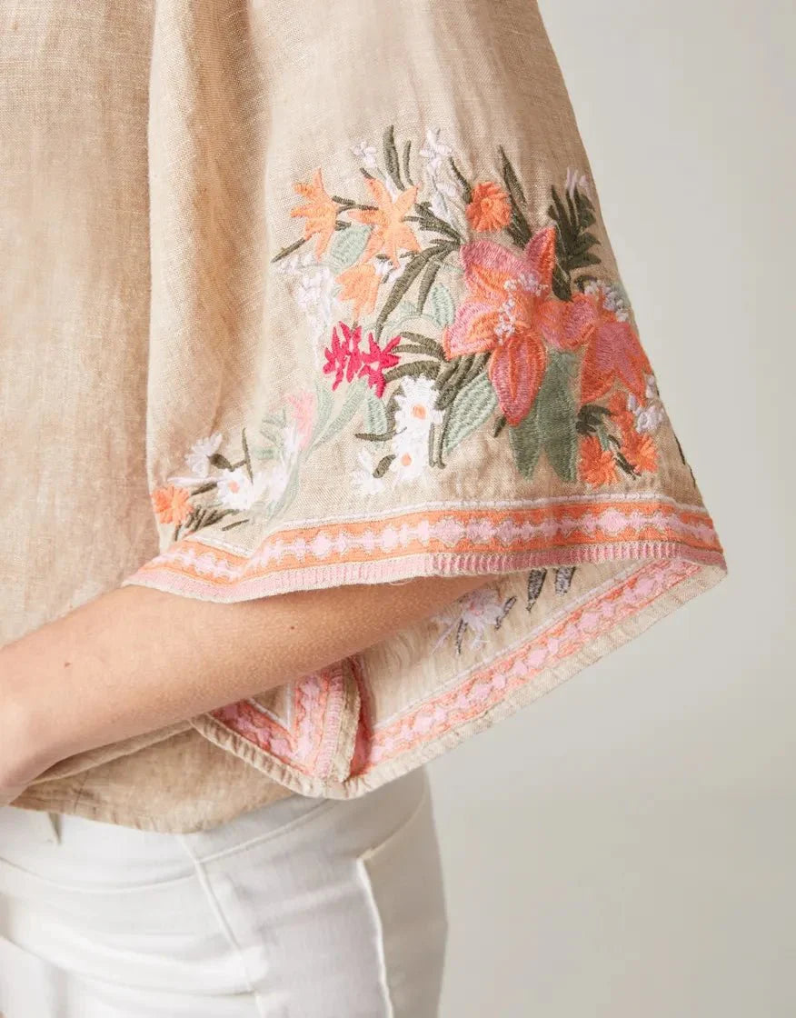 Delilah Linen Top - Alljoy Landing Tropical Embroidery