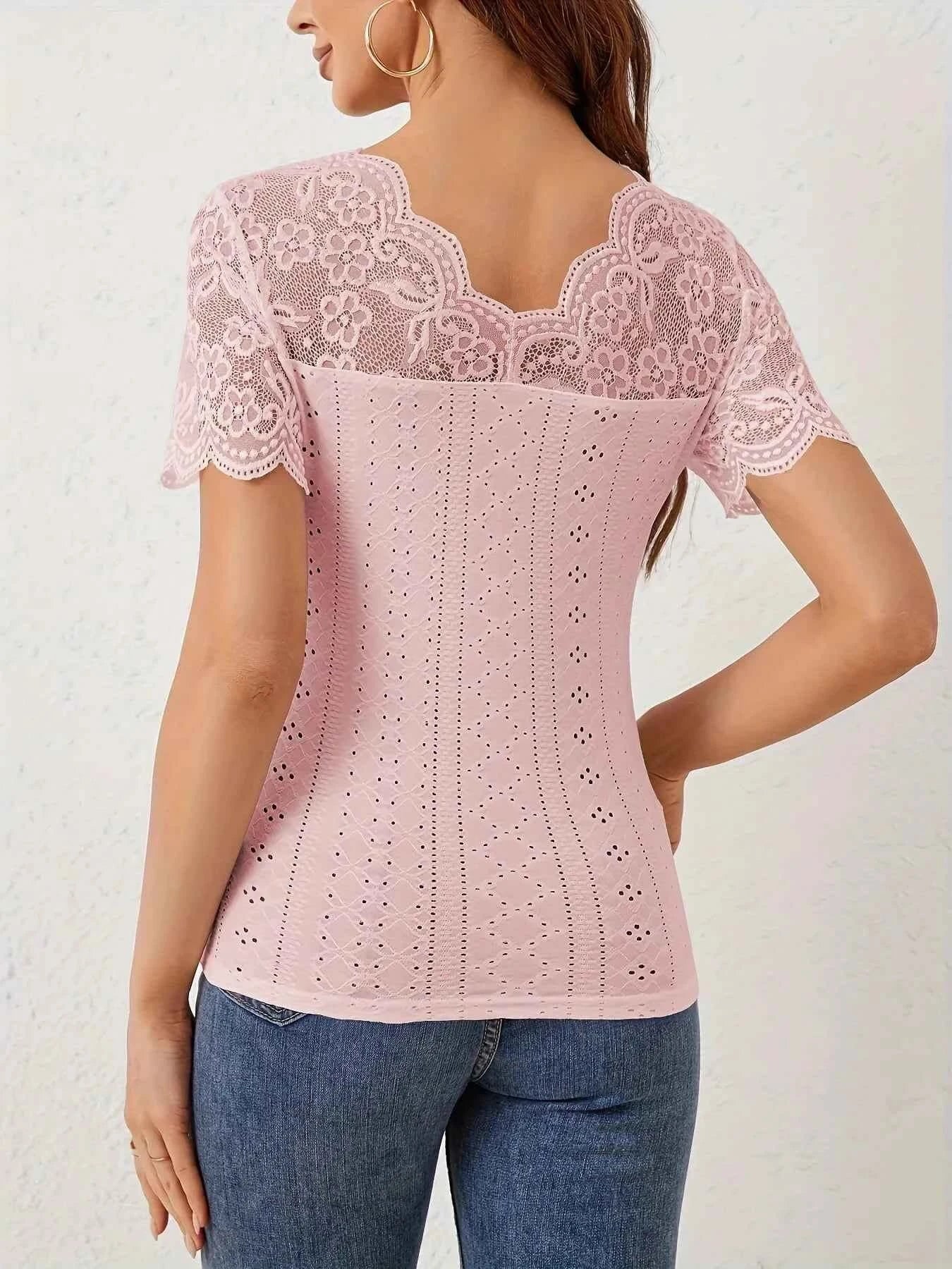 Lace Trim Eyelet Embroidered Summer T Shirt