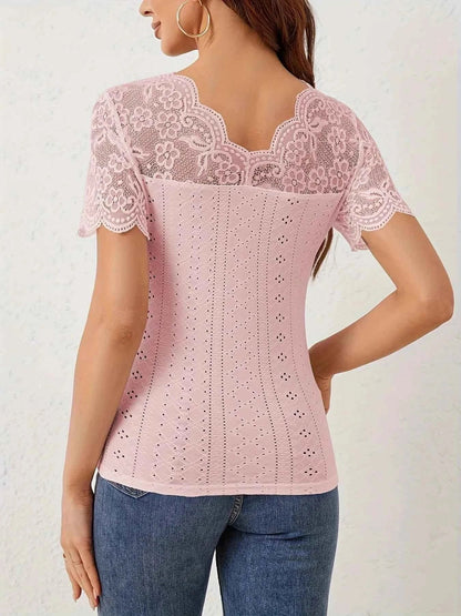 Lace Trim Eyelet Embroidered Summer T Shirt