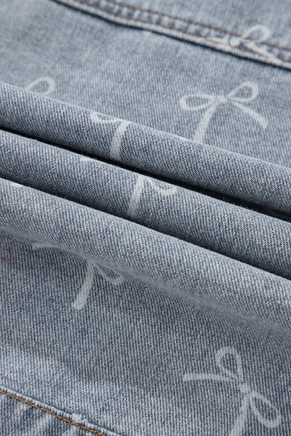 Sky Blue Bow Print Light Wash Raw Hem Denim Jacket
