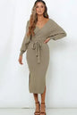 Surplice Neck Bow Waist Slit Sweater Dress