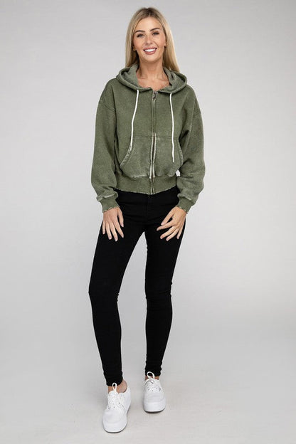 ZENANA Acid Wash Fleece Cropped Zip-Up Hoodie