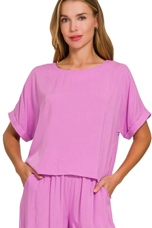 Zenana Round Neck T-Shirt and Wide Leg Pants Set in Mauve