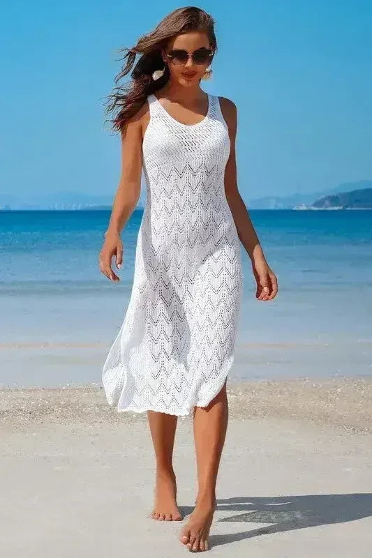 Crochet Beach Coverup Dress – High Split Maxi with U-Neck