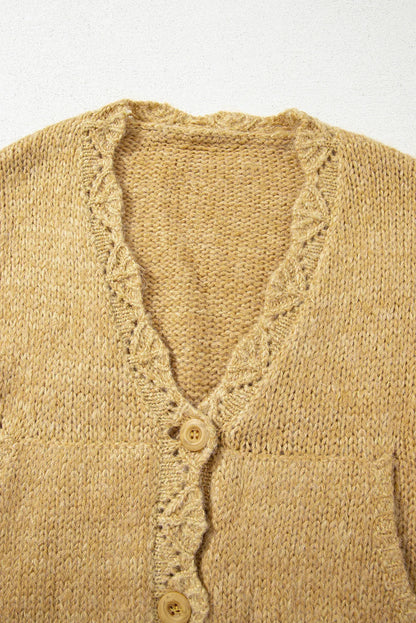 Light French Beige Lantern Sleeve Scallop V Neck Buttoned Front Cardigan