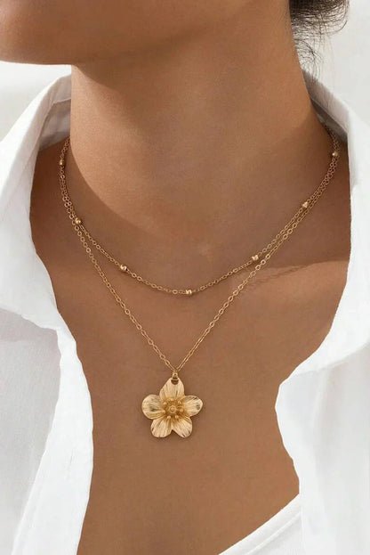 Gold Double Layered Flower Pendant Chain Necklace